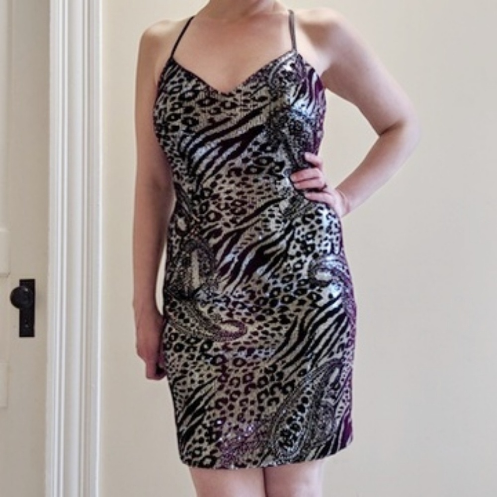 Sean Couture velvet and purple band silver mine dress size xs